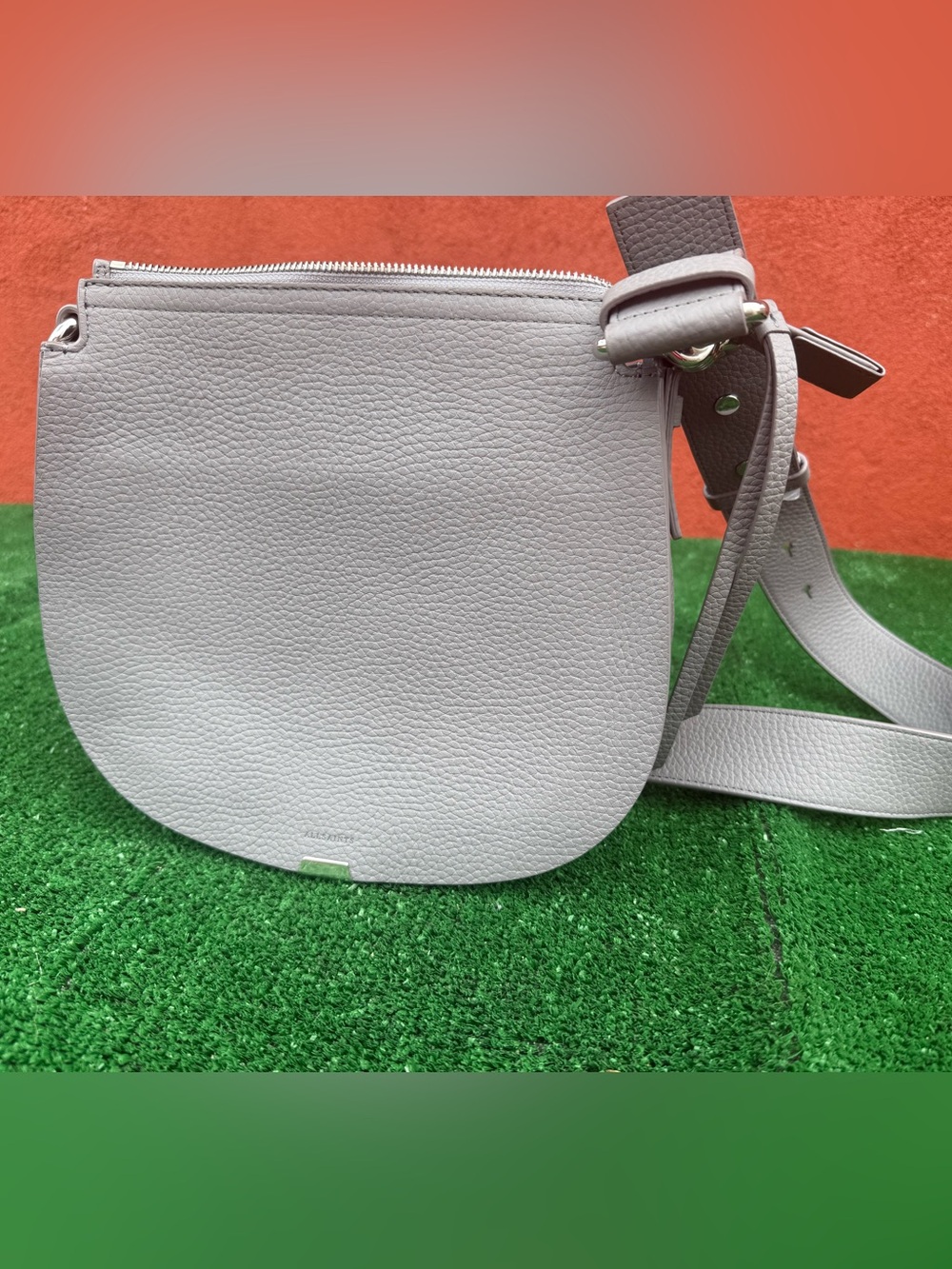 AllSaints Light Gray Pebbled Leather Crossbody Bag
